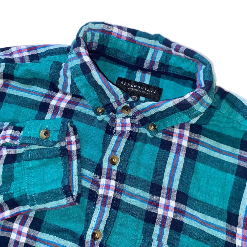 Aeropostale Mens M Teal Blue Plaid Long Sleeve Button Down Flannel Shirt M218